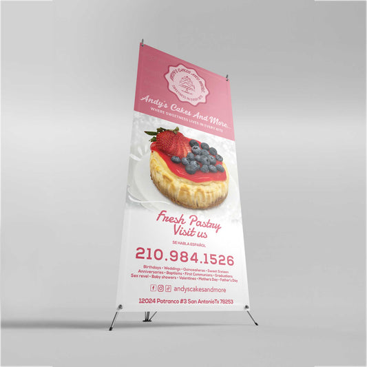 Xtand Banners available sizes—63" x 23.75" and 70.5" x 31.5"