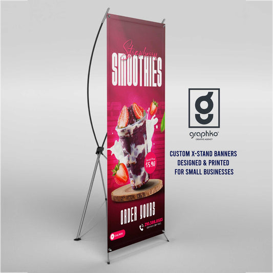 X-Stand Banner available sizes—63" x 23.75" and 70.5" x 31.5"